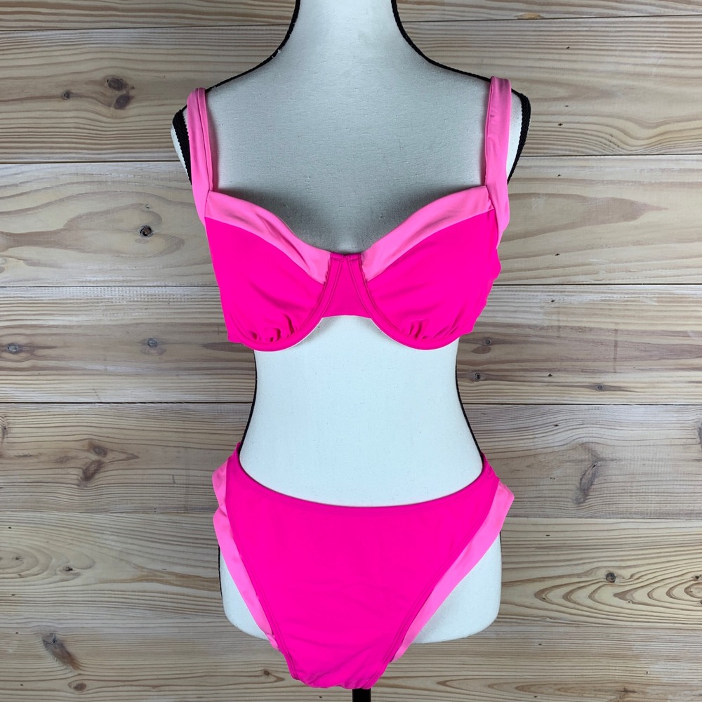 SUUKSESS Bikini‎ Women Large Pink Color Block High Cut Underwire Swimsuit Barbie